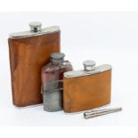 Maritime / WWII Interest: An early 20th Century silver plate mounted glass and leather hip flask,