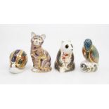 Four Royal Crown Derby gold stopper paperweights with boxes, including a garden snail, striped