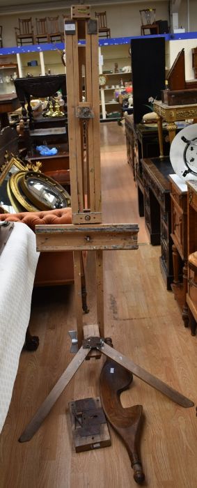 A wooden yoke, together with a large Rowney easel, plus a wooden lock