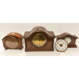 4 mantel clocks. 1. German three-train movement chiming on gongs. Oak case: barley twist pillars