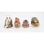 Four Royal Crown Derby paperweights with gold stoppers including a bullfinch, squirrel, panda and