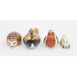 Four Royal Crown Derby gold stopper paperweights, all boxed including Robin, hedgehog, rabbit and