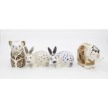 Four Royal Crown Derby gold stopper paperweights with boxes, including elephant, grey rabbit, blue