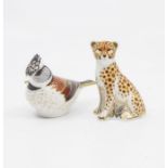 Two Royal Crown Derby boxed paperweights of a crested tit and cheetah cub with gold stoppers
