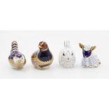 Four Royal Crown Derby paperweights with gold stoppers and boxed including a lamb, wren, rabbit