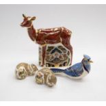 Four Royal Crown Derby paperweights with gold stoppers and boxed, including large Sherwood Hind, a