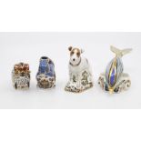 Four Royal Crown Derby paperweights with gold stoppers and boxed, striped dolphin, Jack Russell,