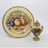 Two Aynsley hand painted fruit china pieces including an urn and a plate, by Jones & Brunt, still