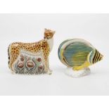 Two Royal Crown Derby gold stopper paperweights with boxes of a cheetah and pinstripe fish