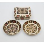 Royal Crown Derby 1128 Imari pattern lidded dish, along with two round pin dishes, 1128 pattern  CR;