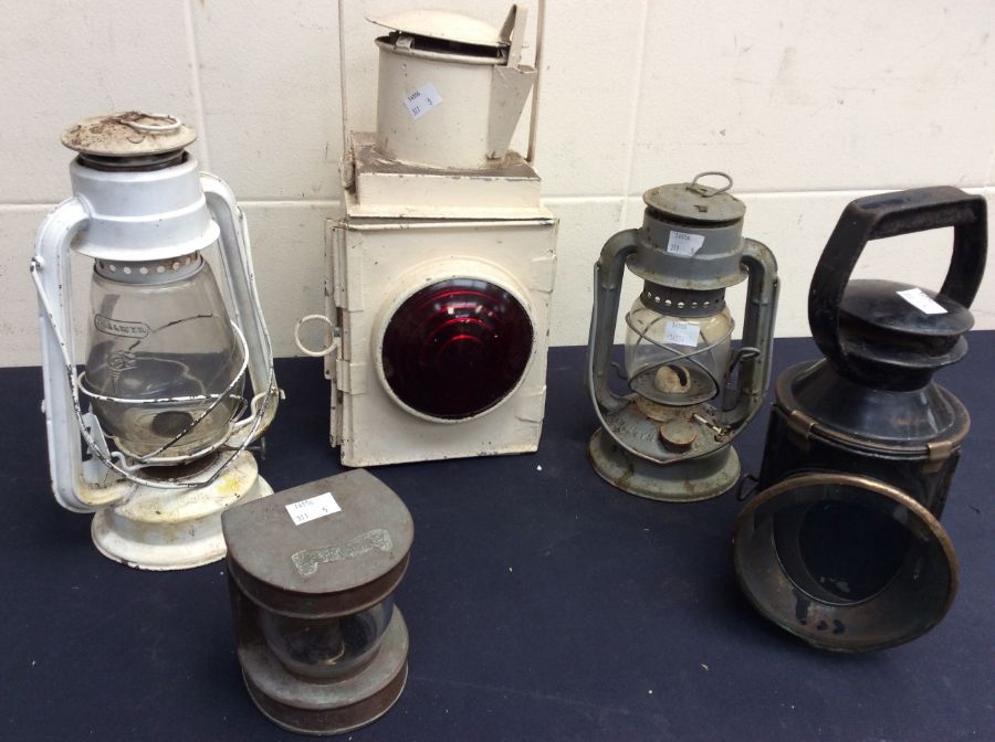 British Rail; hand lamps, used for line workers, two vintage tilly lamps and vintage car lamp