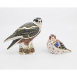 Two Royal Crown Derby gold stopper paperweights with boxes of a bird of prey and Chelford Chaffinch