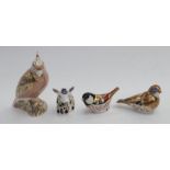 Four Royal Crown Derby paperweights with gold stopper and boxes, including a pink parrot, linnet,