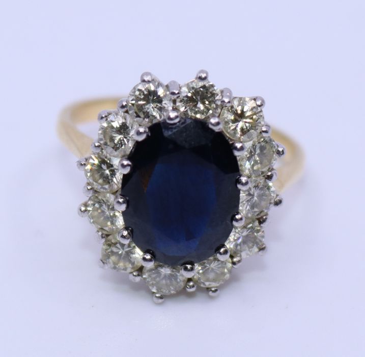 A precious yellow metal, sapphire and diamond oval dress ring, having galleried white metal head - Image 2 of 3