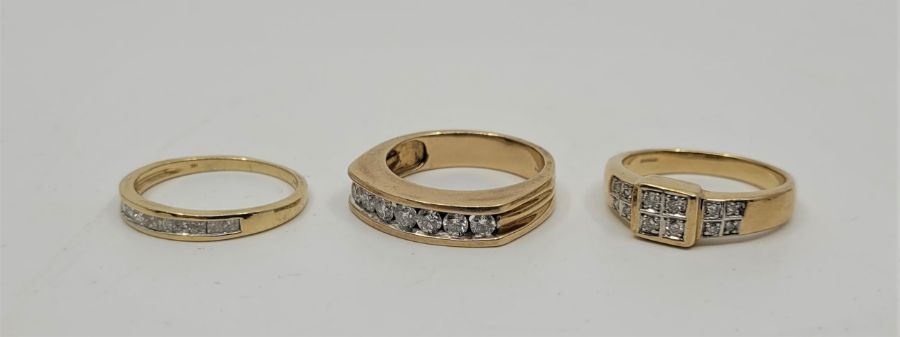 A collection of six assorted 9ct. yellow gold stone set rings, to include: A 9ct. gold diamond