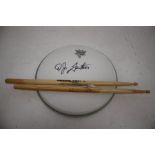 Signed Drum Skin Signed By DJ Fontana & A Pair Of Signature Drumsticks
