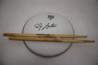Signed Drum Skin Signed By DJ Fontana & A Pair Of Signature Drumsticks