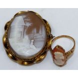 A 9ct gold (unhallmarked) cameo dress ring plus a yellow metal cameo brooch. (2)