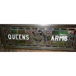 An Arts and Crafts pine stain glass window with sign of the Queens Head, window in rectangular shape
