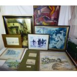 Large group of mixed pictures including prints , watercolours and an oil