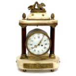 A 19th century gilt and alabaster mantle clock with white enamel dial, Roman and Arabic numerals,