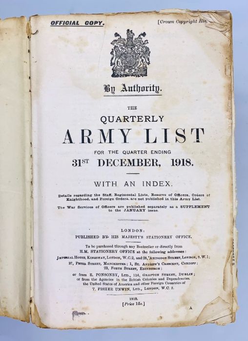 The Quarterly Army List for the Quarter Ending 31st December, 1918, official copy, London: HMSO,