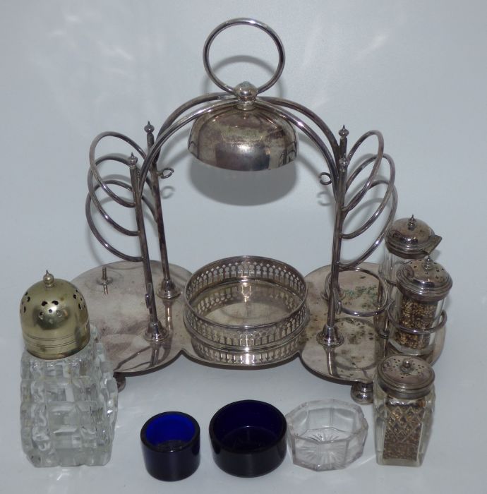 Large silver plated cruet set and other items