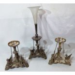 A set of three plated epergne stands by Walker and Hall, each with three cast griffins, the