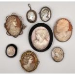 Selection of angel skin, Mother of Pearl and shell cameos, to include an Angel Skin and whitby jer