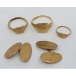 A trio of signet rings, with a pair of cufflinks - all hallmarked 9ct gold. Approximate gross weight