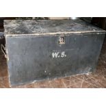 An early 20th Century oak ebony painted trunk, in a rectangular shape, mounted with iron handles,