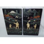 Pair of Japanese pictures on board with mounted bone and ivory figures 45.5cm x 27cm