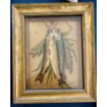 Edwardian overpainted chromolithographic still life study of game fish (brown trout), framed and