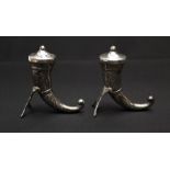 A pair of early 20th century silver Viking drinking horn pepper and salt pots, stamped by Theodor