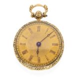 A late Georgian Wymark 18ct gold open faced pocket watch, gilt dial with applied numeral markers,