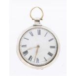 A George IV silver pair cased open faced pocket watch, white enamel dial with Roman Numerals, approx