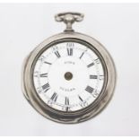 An early George III silver open faced pair cased pocket watch, white enamel dial with Roman and