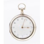 A George III silver open faced pocket watch, circular white enamel dial with Arabic numerals,