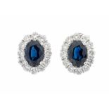 A pair of sapphire and diamond 18ct white gold oval cluster studs, claw set sapphires measuring