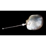 A Norwegian 830 standard silver large spoon / Baptism spoon, with rope twist stem and mother of