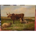 Charles Jones RCA (1836-1892), Sheep and Cattle, oil on canvas, signed with monogram, approx 56cm