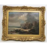 Continental School (19th Century) Harbour Scene with figures, boats at sea with Castle wall and