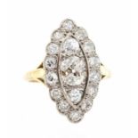 A diamond and 18ct gold marquise shaped ring, comprising a row of old cut diamond, the principal