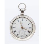 A late Victorian silver pair cased pocket watch, circular white enamel dial with Roman numerals