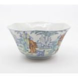A Daoguang Period Unusual Doucai ‘scholars’ hexagonal bowl, the faceted sides rising from a slightly
