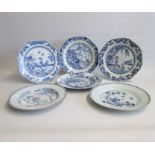 Six Qing Dynasty Blue and White plates. Three octagonal and three round, painted with river