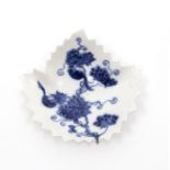 A Qianlong soft paste porcelain vine leaf Pickle Dish. Well moulded and painted in blue showing