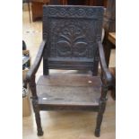 17th Century and later Wainscot carved oak armchair, chair back height 102cms approx