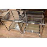 A pair of 1970s retro chrome and glass square designer stands with two glass shelves