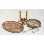 Two silver plate serving trays, twin handled silver cup, plated sugar tongs, silver handled